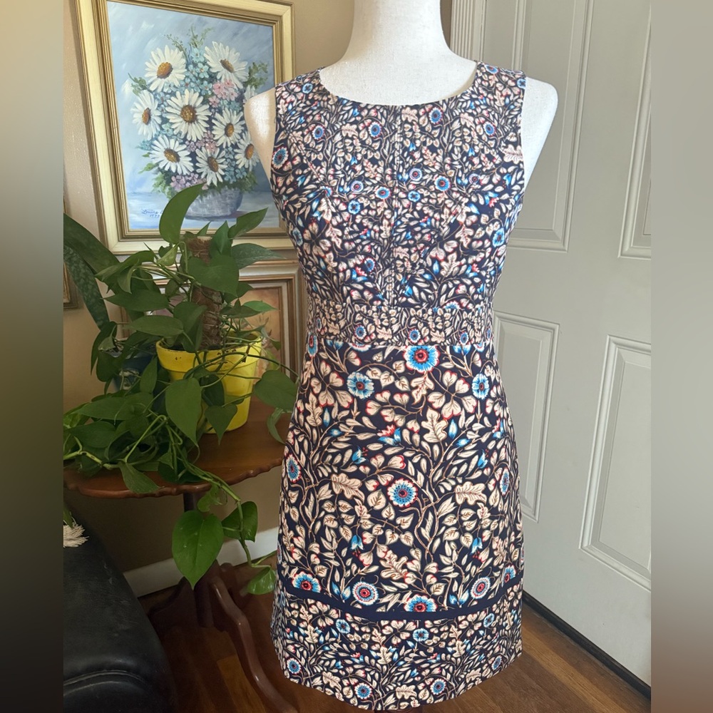 Maeve Anthropologie Brindille Navy Blue Multi Color Sheath Dress Size 2